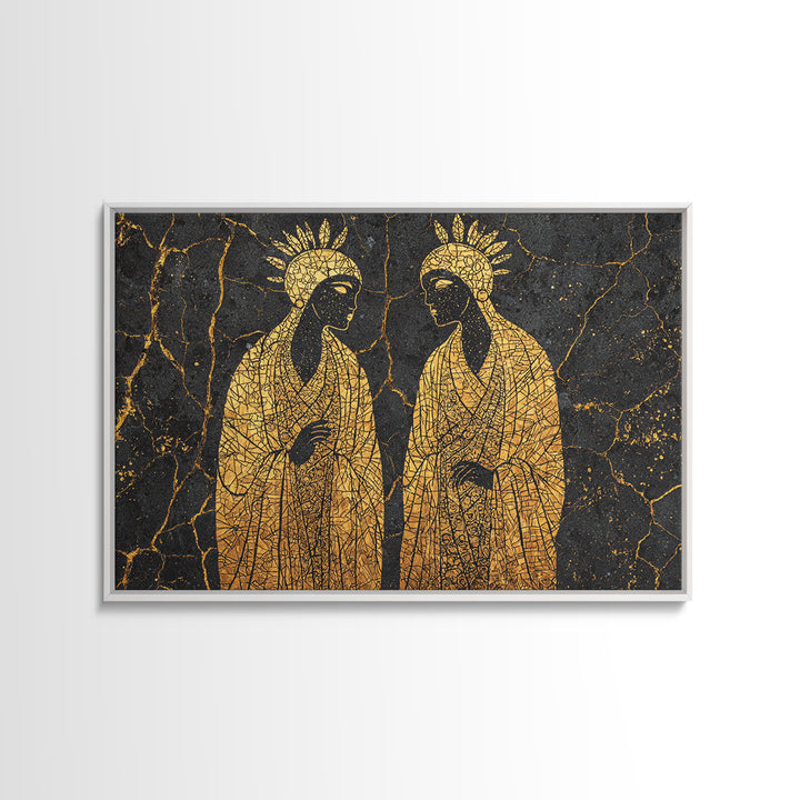 Gold Mosaic Sacred African Figures On Black Stone Wall Art, Spiritual Wall Decor, Black And Gold Art, Framed Canvas Print