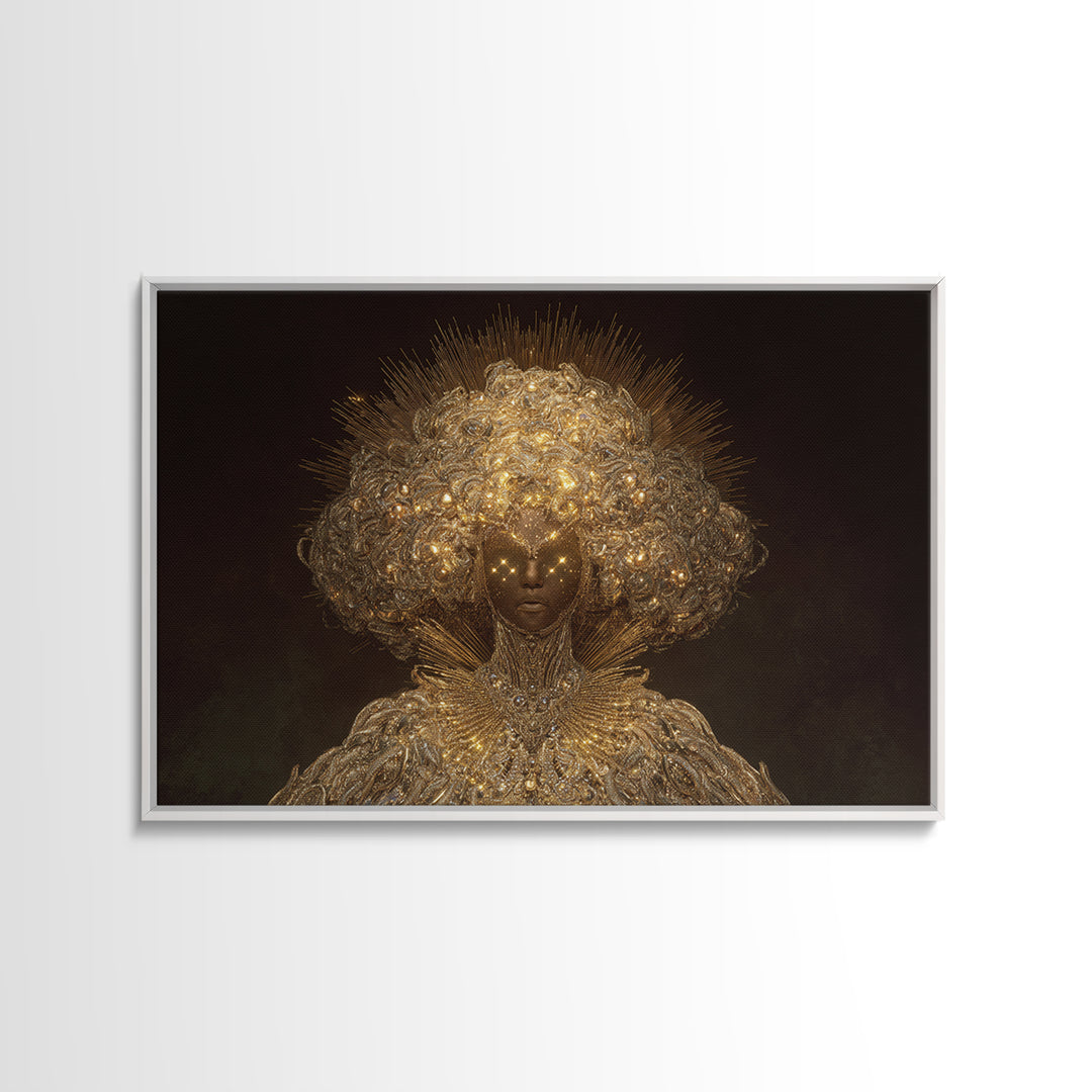 Golden Halo African Queen Portrait, Ornate Black Goddess Wall Art, Afrocentric Decor, Luxury Canvas, Black Beauty Gift Print