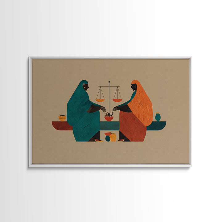 Minimalist African Women Sharing Bowls, Balance Scales Wall Art, Boho Afrocentric Decor, Cultural Canvas Print Gift For Her