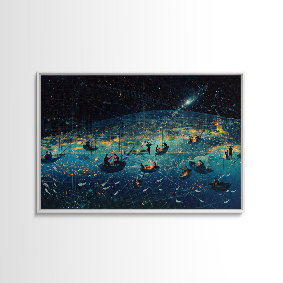 Starry Night African Fishing Boats, Dreamy Ocean Wall Art, Coastal Safari Decor, Framed Canvas Print For Living Room Gift