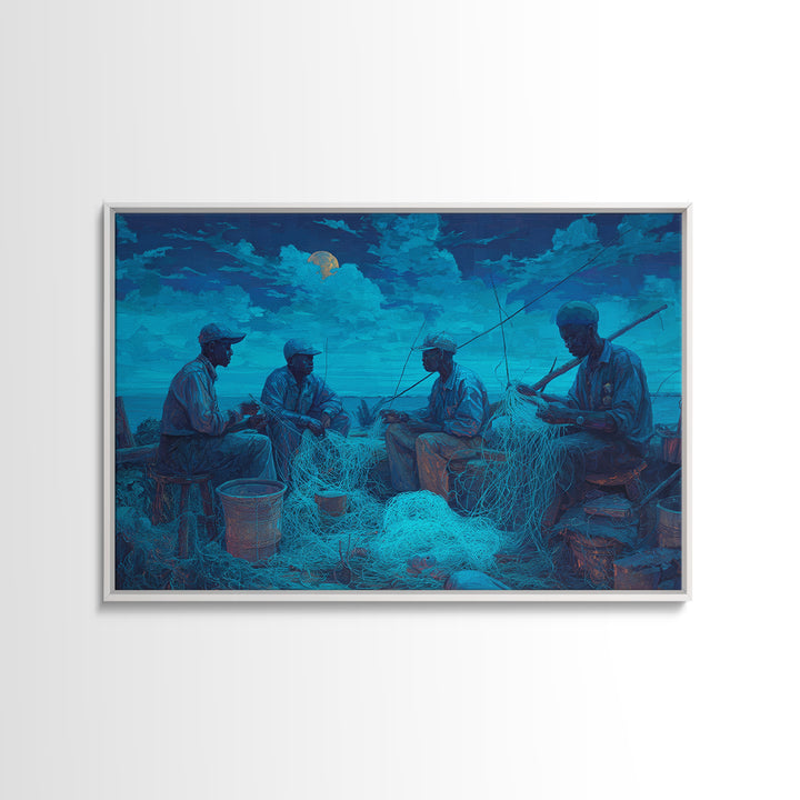 Moonlit African Fishermen Mending Nets, Blue Coastal Wall Art, Afrocentric Painting, Cultural Decor, Fishing Village Print