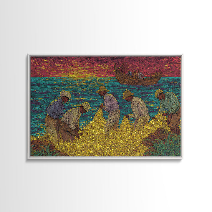 Golden Net Fishermen At Vibrant Sunset, African Wall Art, Coastal Canvas Print, Colorful Cultural Decor, Fishing Village
