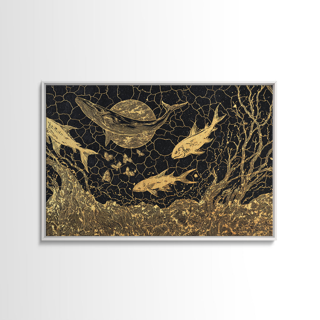 Gold Fish And Whale Underwater Scene, Black And Gold Wall Art, Ocean Canvas Print, Mystical Nature Decor, Unique Gift For Home