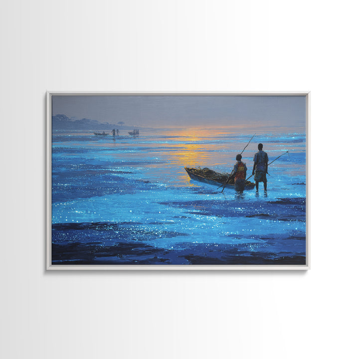 Blue Dawn Fishermen With Boat On Shimmering Water, African Wall Art, Coastal Canvas Print, Serene Living Room Decor Gift