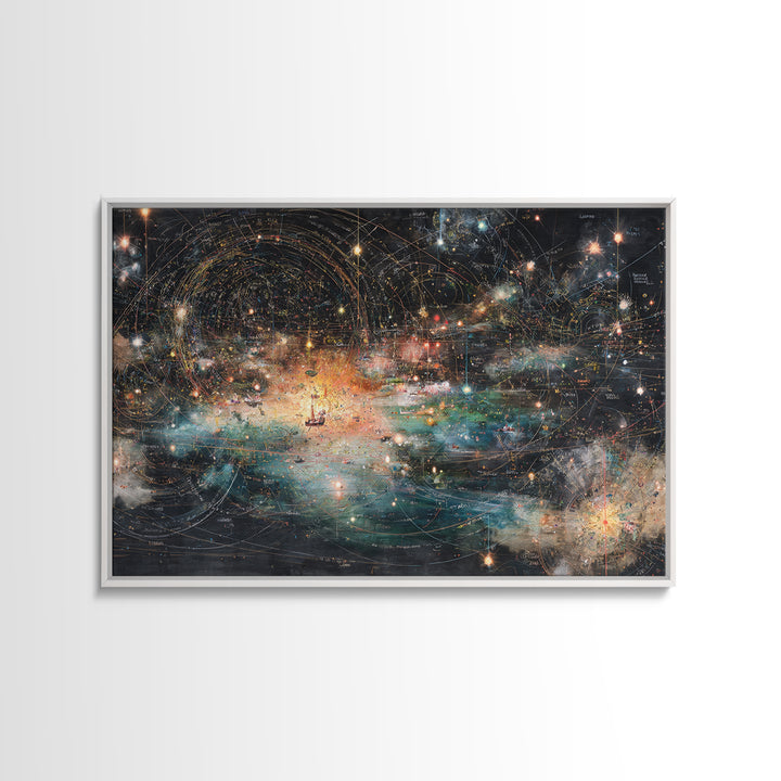 Cosmic Ocean Map With Stars And Light Trails, Abstract Wall Art, Modern Canvas Print, Mystical Office Decor, Galaxy Art Print