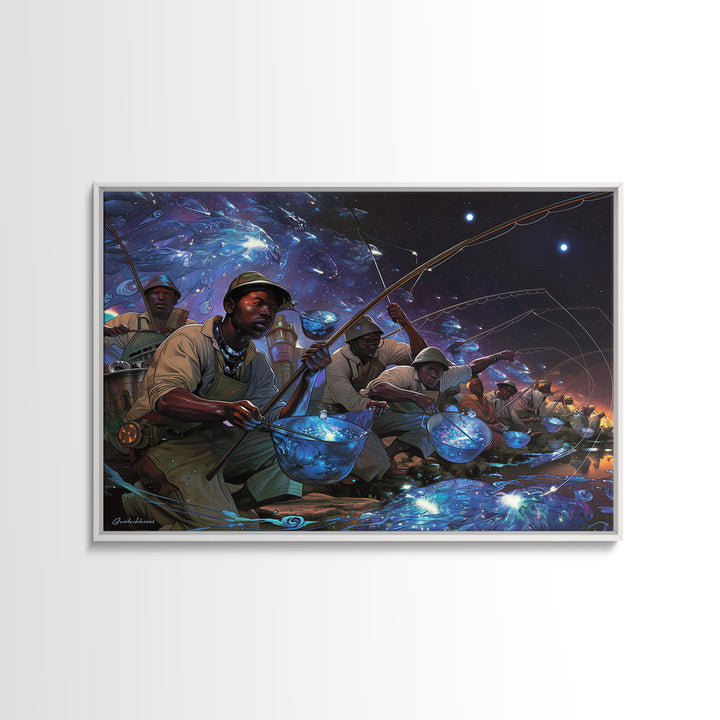 Afrofuturist Fishermen Catching Glowing Fish, Starry Night Canvas Print, African Wall Art, Bold Black Culture Decor Gift