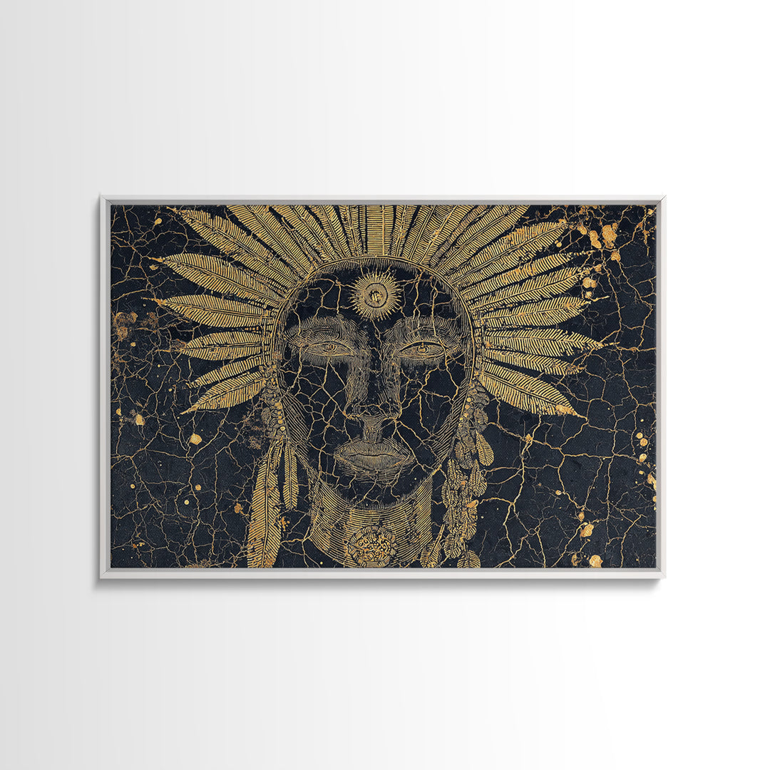 Gold Sun Headdress Tribal Face Portrait, Black And Gold Wall Art, African Mask Canvas Print, Spiritual Cultural Decor Gift