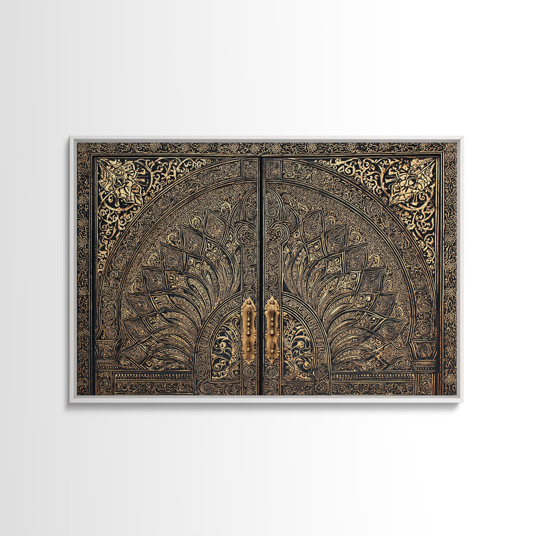 Ornate Black Gold Door Canvas Print, Moroccan Inspired Geometric Pattern Wall Art, Elegant Home Decor, Luxury Art Gift For Office