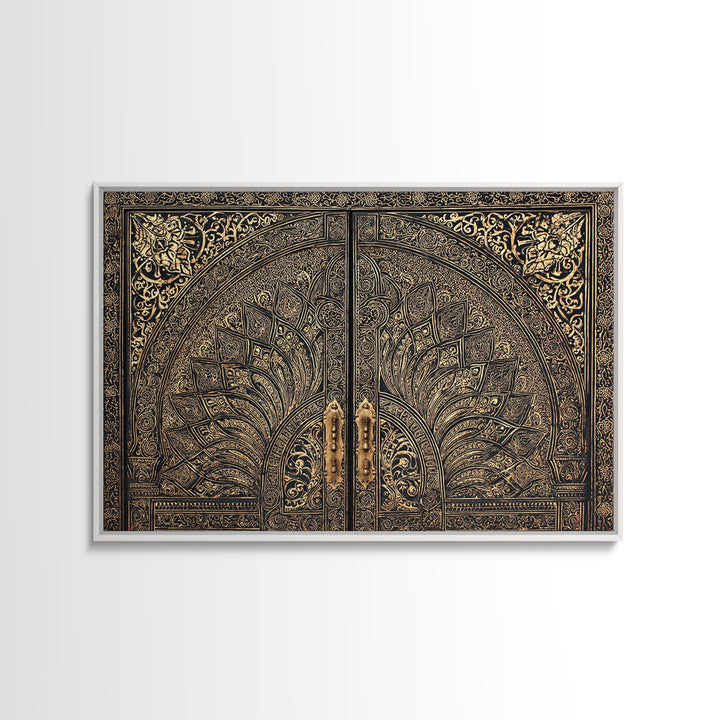 Ornate Black Gold Door Canvas Print, Moroccan Inspired Geometric Pattern Wall Art, Elegant Home Decor, Luxury Art Gift For Office