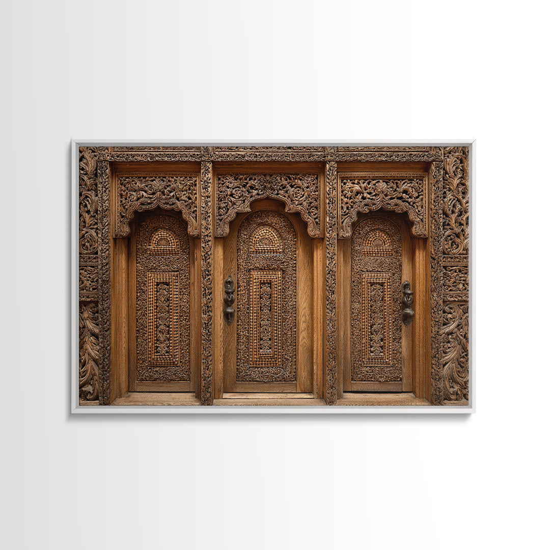 Carved Wooden Temple Doors Wall Art, Ornate African Inspired Architecture Print, Rustic Boho Home Decor, Cultural Gift For Hallway