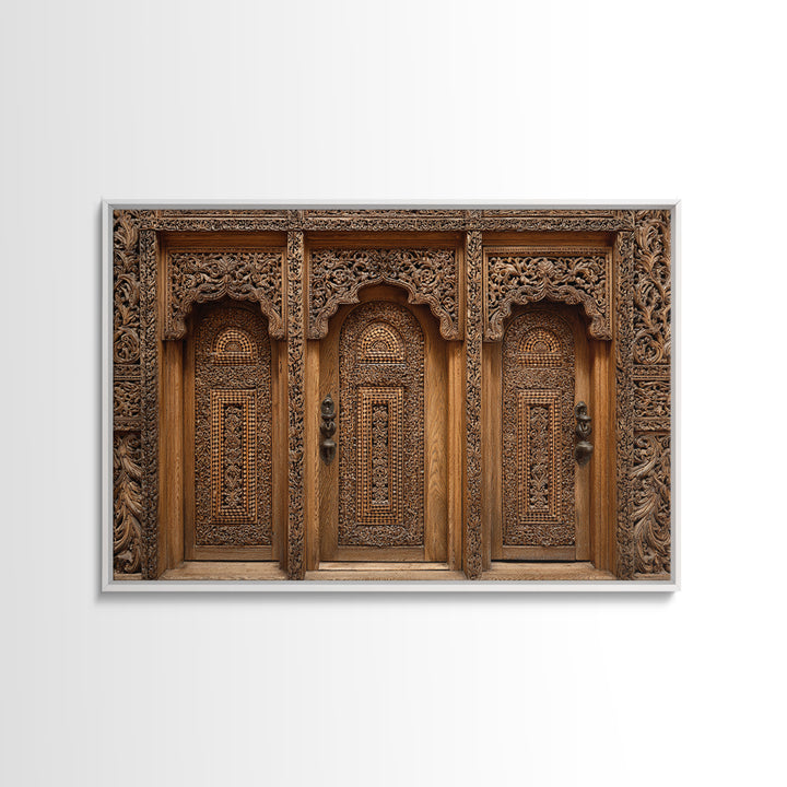 Carved Wooden Temple Doors Wall Art, Ornate African Inspired Architecture Print, Rustic Boho Home Decor, Cultural Gift For Hallway