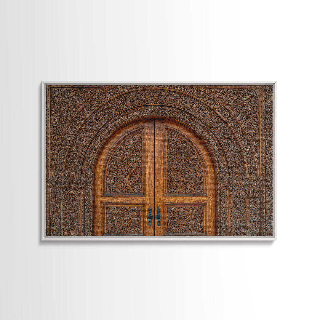 Arched Carved Wood Door Framed Canvas Print, Intricate Moroccan Pattern Wall Art, Rustic Bohemian Home Decor Gift For Living Room