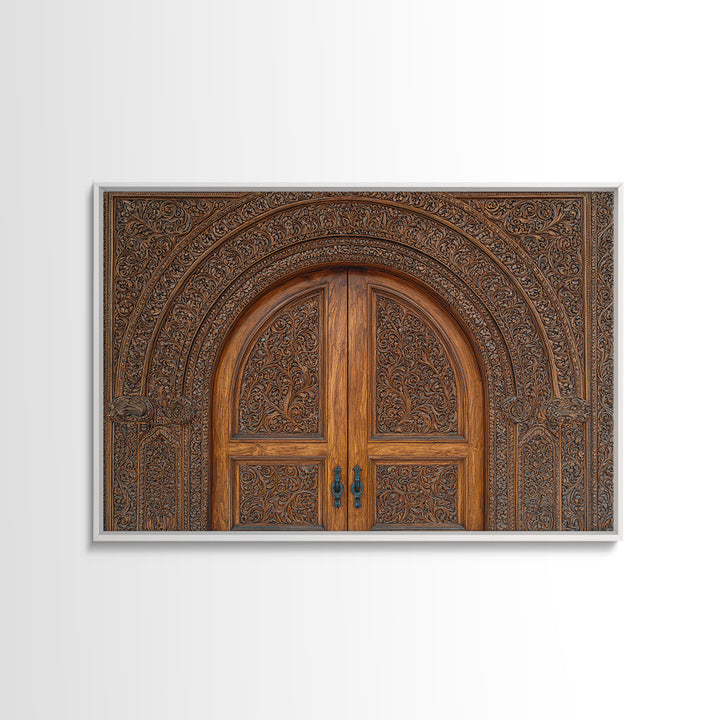 Arched Carved Wood Door Framed Canvas Print, Intricate Moroccan Pattern Wall Art, Rustic Bohemian Home Decor Gift For Living Room