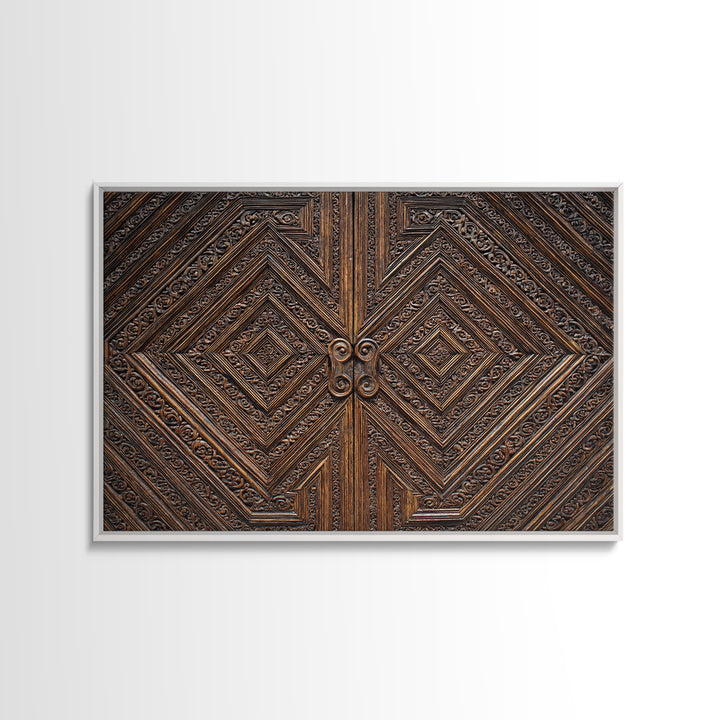 Geometric Carved Wood Door Canvas Print, Ornate Tribal Pattern Wall Art, Brown Rustic Home Decor, Unique Cultural Gift For Office