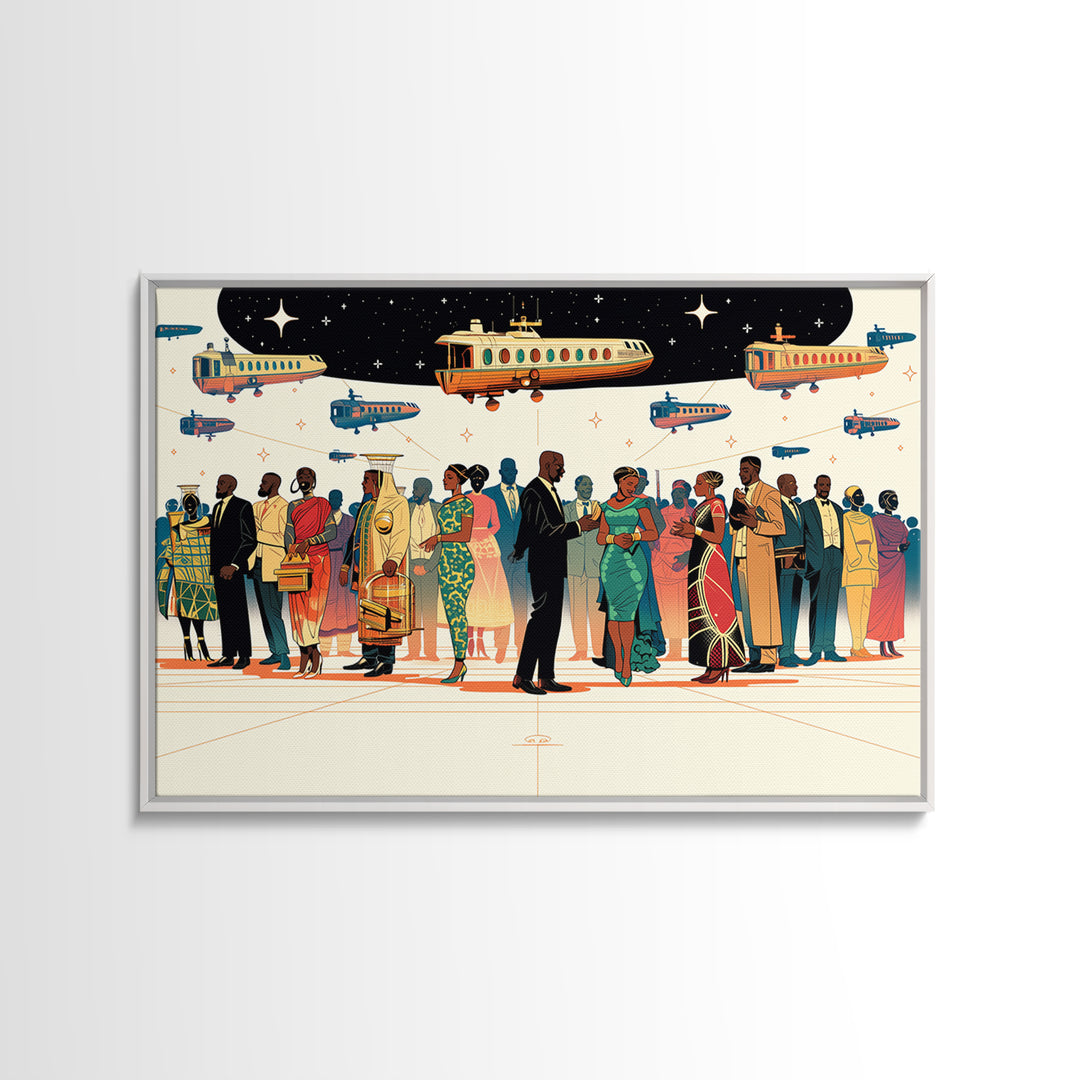 Afrofuturist Travel Crowd Wall Art, African American Art Print, Black Culture Poster, Modern Diaspora Home Decor Gift For Her