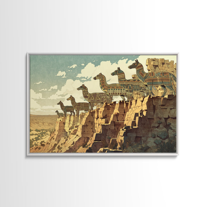 Stylized Giraffe Caravan Canvas Print, African Safari Art, Canyon Landscape Wall Decor, Boho Animal Home Decor Gift For Her