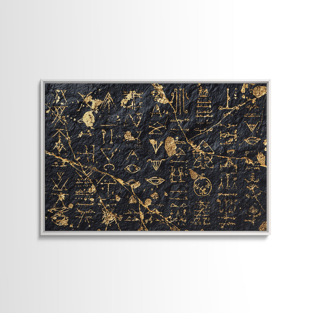 Gold Ancient Glyphs Wall Art, African Egyptian Art Print, Black Gold Canvas, Tribal Symbols Cultural Home Decor Gift Idea