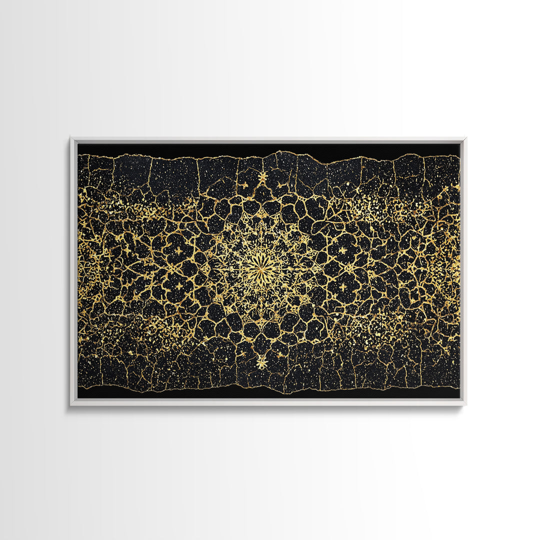 Black Gold Mandala Pattern Canvas Print, African Abstract Art, Luxury Geometric Wall Decor, Boho Home Decor Gift For Her