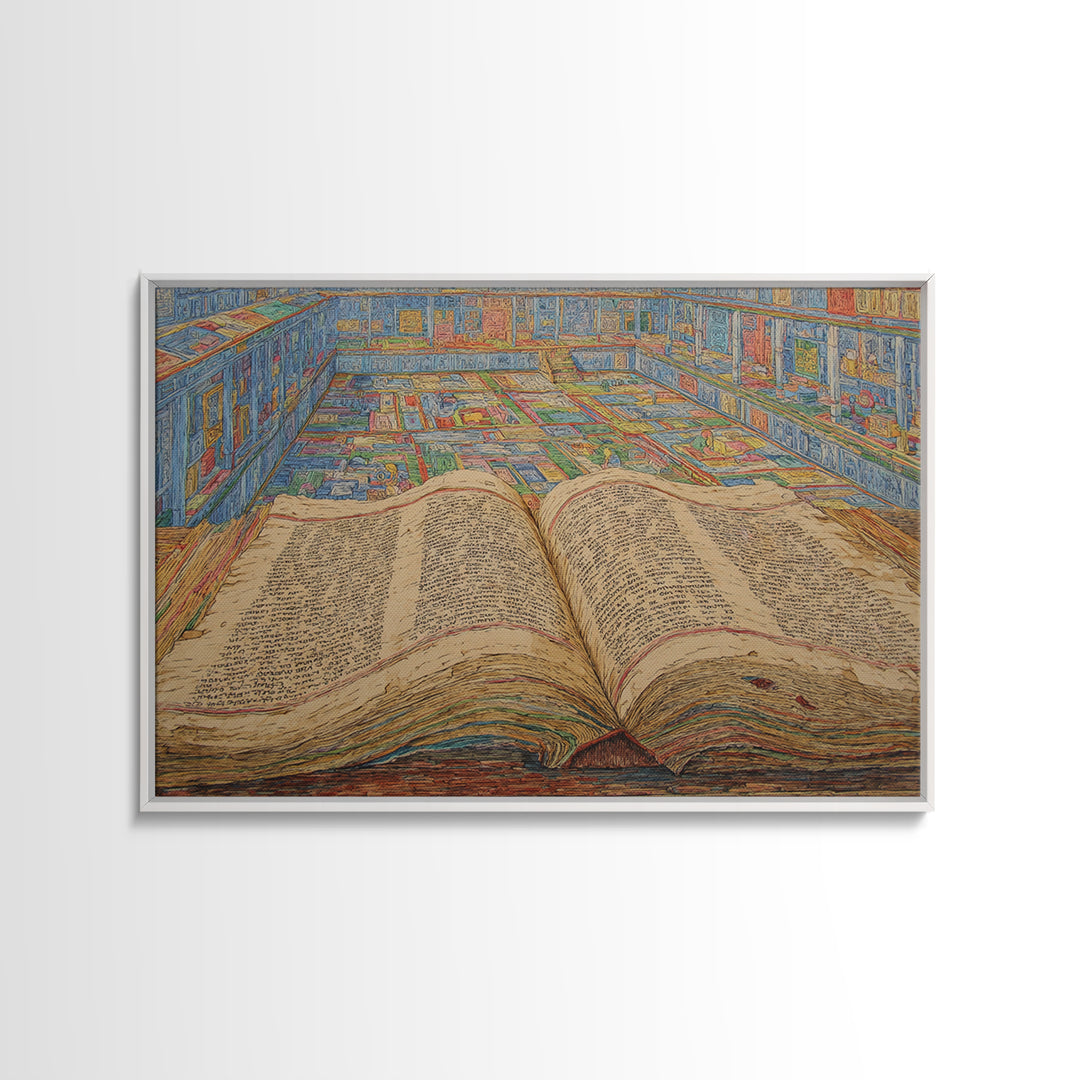 Ancient Open Book Library Wall Art, Scholarly Manuscript Canvas Print, Blue Office Decor, Literary Home Decor Gift For Reading Room