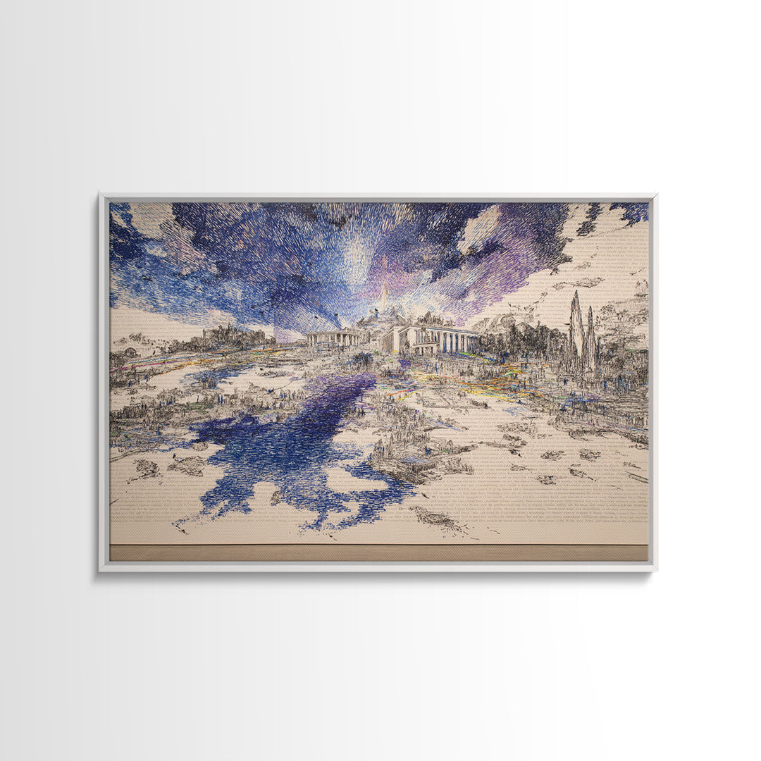 Blue River Ruins Landscape Wall Art, Classical Architecture Canvas Print, Dreamy Nature Scene, Elegant Office Home Decor Gift