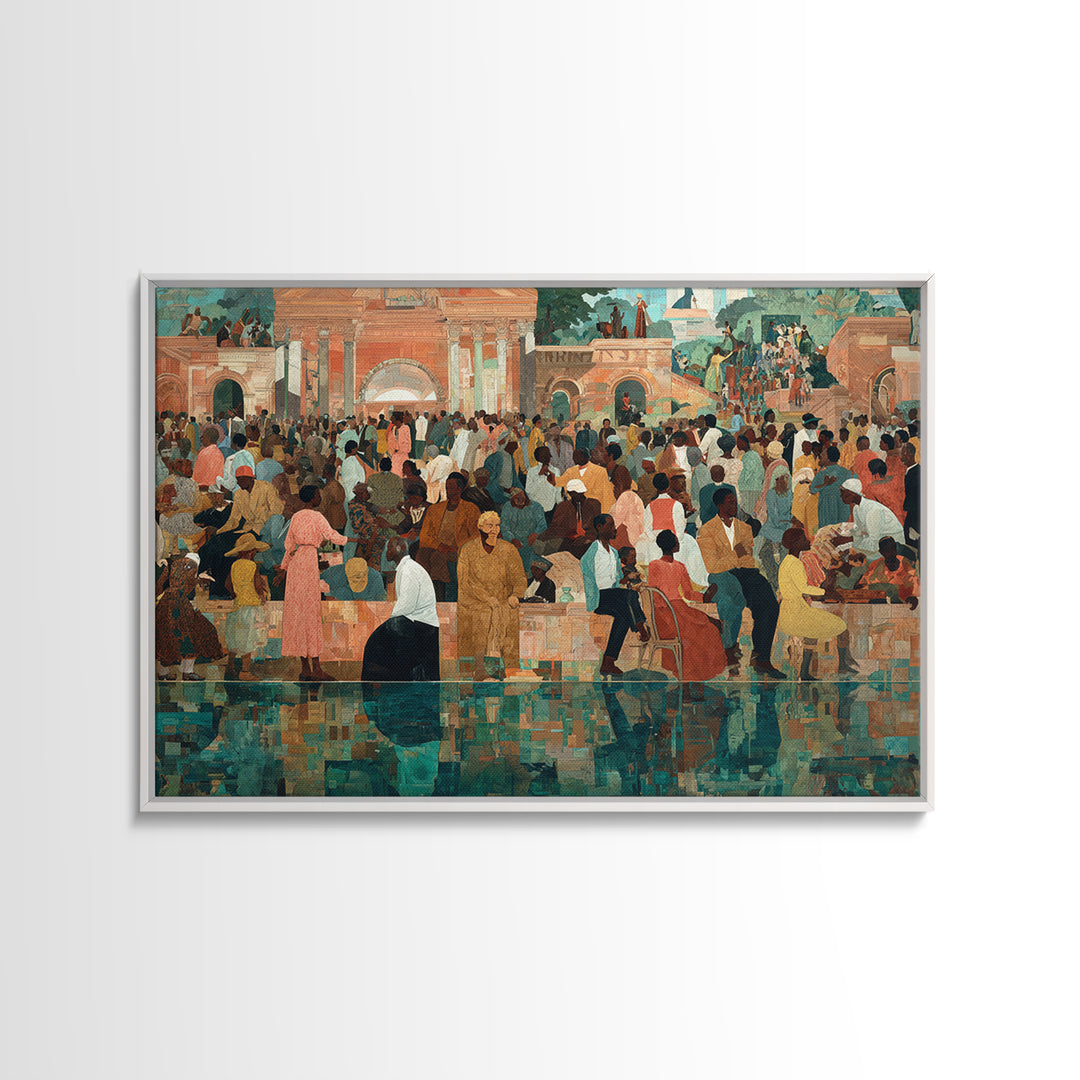 Vibrant African Plaza Crowd Wall Art, Cultural Celebration Canvas Print, Black People Decor, Afrocentric Home Decor Gift