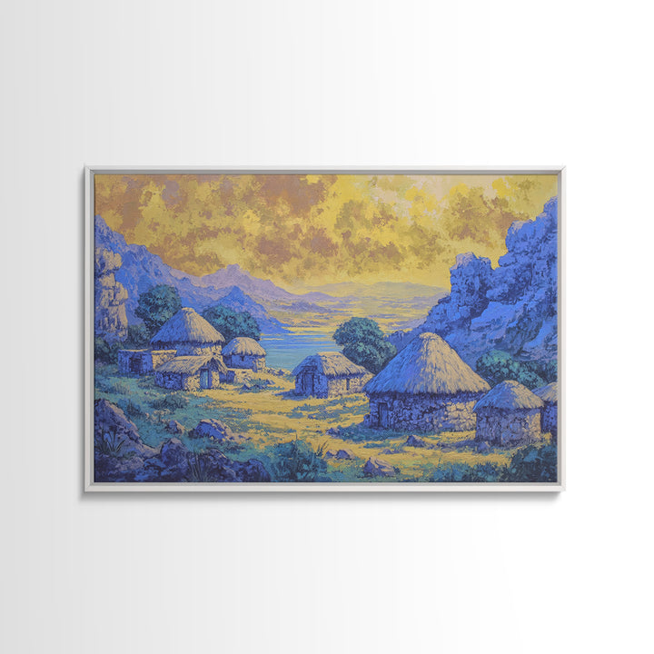 Blue African Village Landscape Wall Art, Thatched Hut Canvas Print, Motherland Nature Scene, Safari Home Decor Gift For Living Room