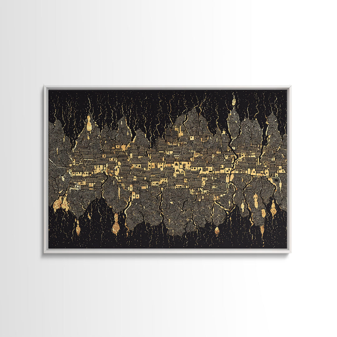 Gold Black Mystical City Wall Art, Abstract African Pattern Canvas Print, Modern Tribal Decor, Luxury Home Decor Statement Piece