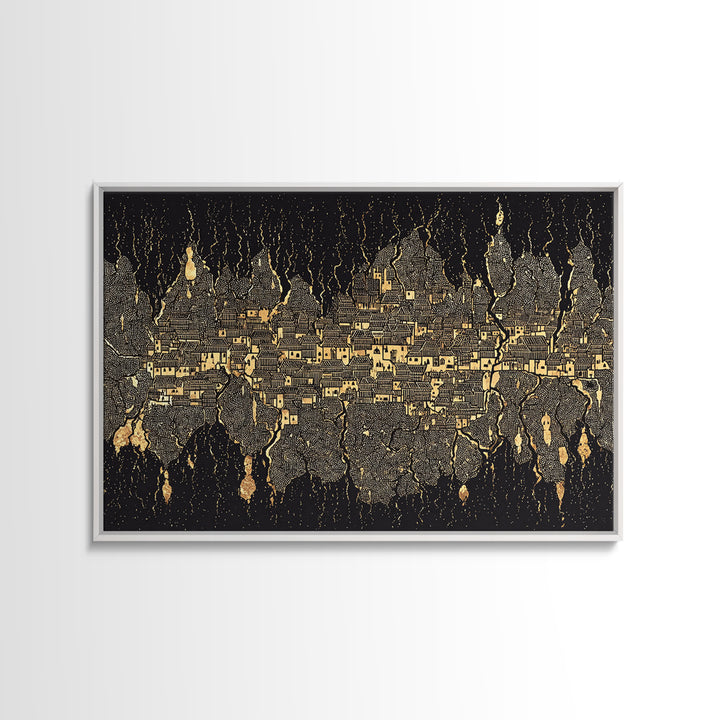 Gold Black Mystical City Wall Art, Abstract African Pattern Canvas Print, Modern Tribal Decor, Luxury Home Decor Statement Piece