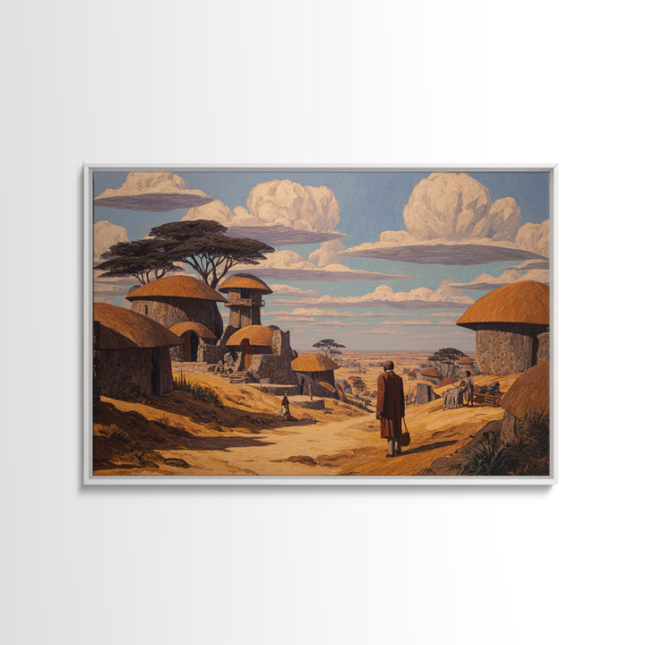 Thatched Village Path With Traveler Wall Art, African Landscape Canvas, Safari Hut Decor, Cultural Home Decor Gift For Living Room