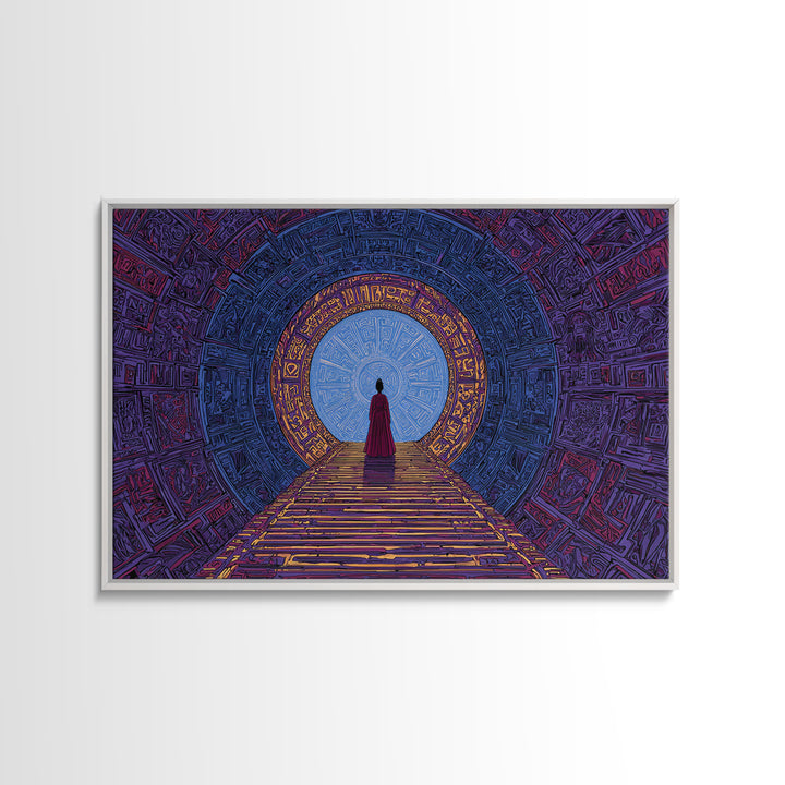 Red Robed Woman Before Blue Portal Framed Canvas Print, Mystical African Art, Spiritual Wall Decor For Meditation Room Gift