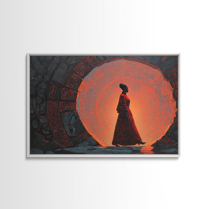 Silhouette Woman At Orange Ancient Portal Wall Art, Afrofuturism Canvas Print, Spiritual African Decor For Home Or Office