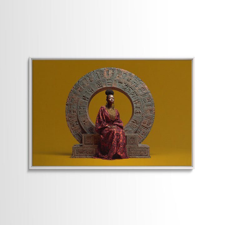 Seated African Queen In Red Robe Canvas Print, Regal Portrait Wall Art, Cultural Home Decor, Black Goddess Gift For Living Room