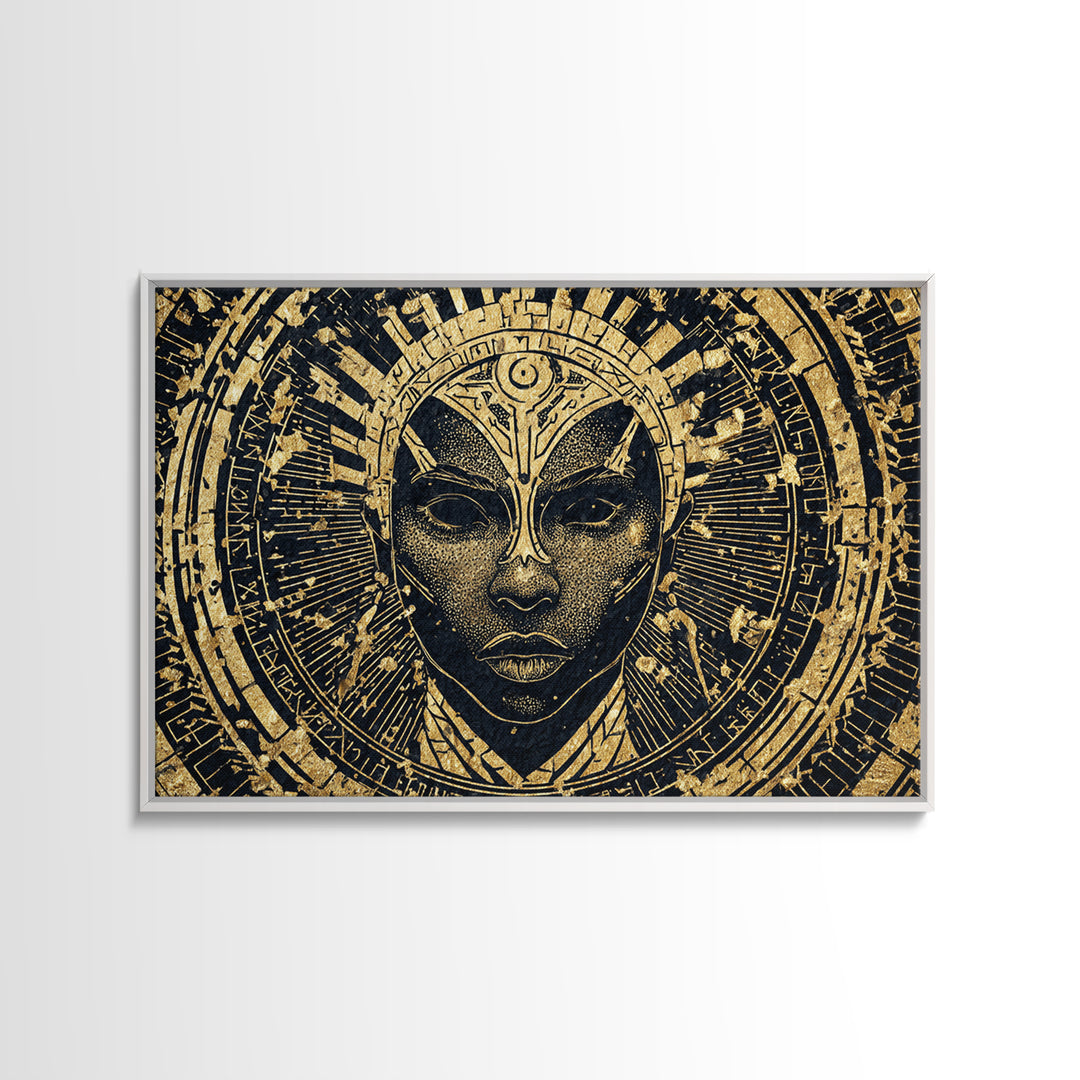 Gold Black Tribal Mask Face Wall Art, African Abstract Portrait Canvas Print, Spiritual Statement Decor For Living Room Gift