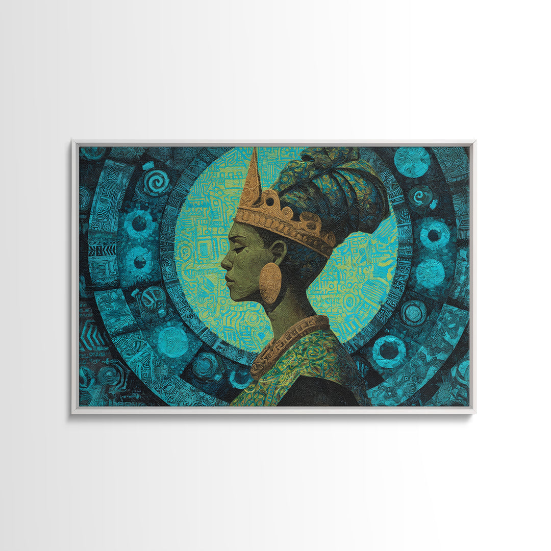 Turquoise Crowned African Queen Profile Wall Art, Afrocentric Portrait Canvas Print, Teal Cultural Decor For Home Or Office Gift