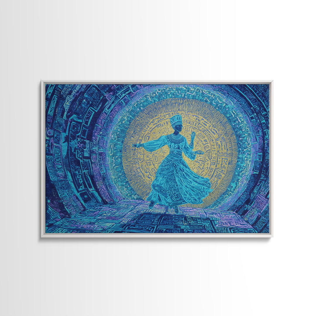 Ethereal Blue Whirling Dancer Portal Wall Art, African Inspired Spiritual Wall Decor, Teal Gold Boho Modern Canvas Print