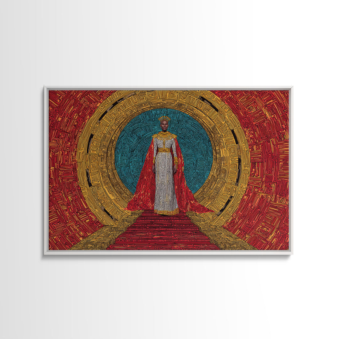 Regal African Queen In Red Cape Framed Canvas Print, Afrocentric Wall Art, Black Goddess Portrait, Luxury Home Decor Gift