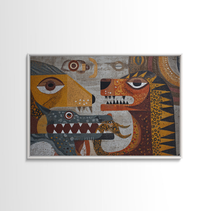 Cubist Tribal Animal Masks Wall Art, African Inspired Abstract Painting, Earth Tone Safari Decor, Modern Canvas Print Gift