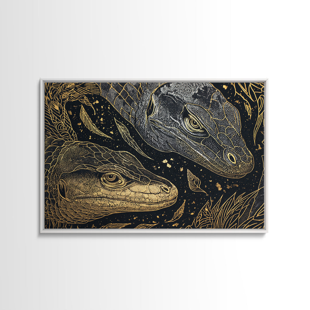 Black And Gold Lizard Pair Wall Art, African Animal Art Print, Elegant Reptile Home Decor, Luxury Canvas Print, Nature Gift