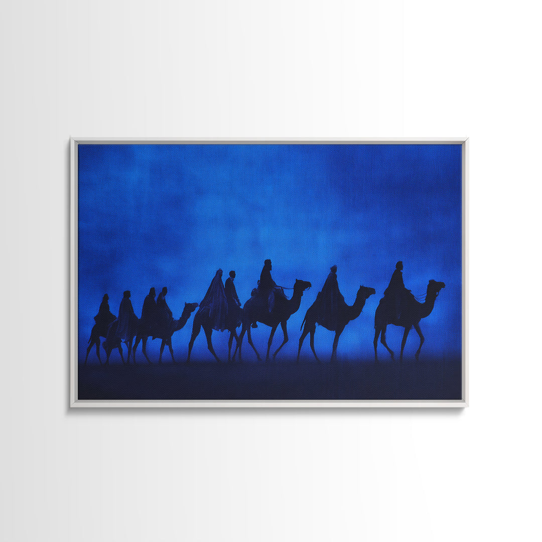 Blue Desert Camel Caravan Silhouette Wall Art, African Travel Poster, Sahara Safari Decor, Minimalist Canvas Print Gift For Him