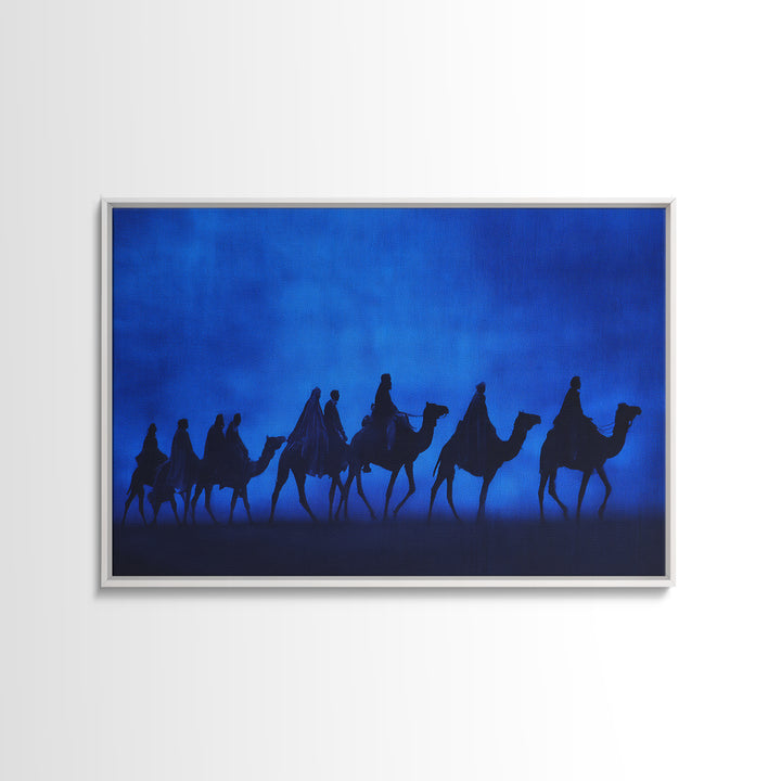 Blue Desert Camel Caravan Silhouette Wall Art, African Travel Poster, Sahara Safari Decor, Minimalist Canvas Print Gift For Him