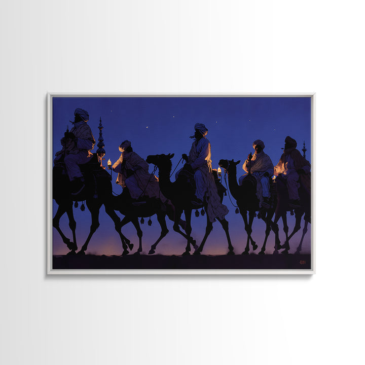 Blue Desert Camel Caravan With Lanterns Canvas Print, African Safari Art, Moroccan Travel Poster, Boho Wall Decor, Living Room Decor
