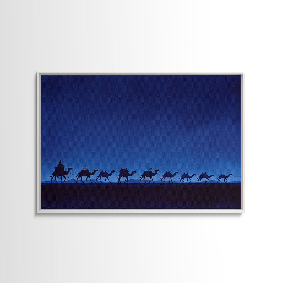 Minimalist Blue Camel Caravan Silhouette Wall Art, African Safari Print, Moroccan Travel Poster, Modern Desert Home Decor
