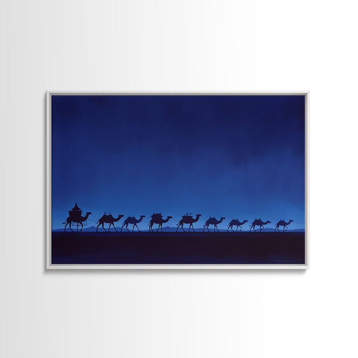 Minimalist Blue Camel Caravan Silhouette Wall Art, African Safari Print, Moroccan Travel Poster, Modern Desert Home Decor