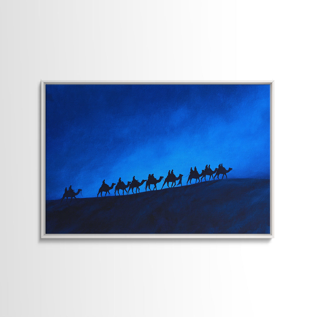 Blue Dune Camel Caravan Silhouette Framed Canvas Print, African Landscape, Sahara Travel Decor, Large Wall Art Prints For Living Room