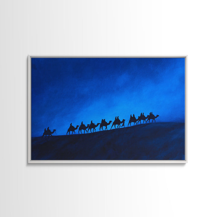 Blue Dune Camel Caravan Silhouette Framed Canvas Print, African Landscape, Sahara Travel Decor, Large Wall Art Prints For Living Room