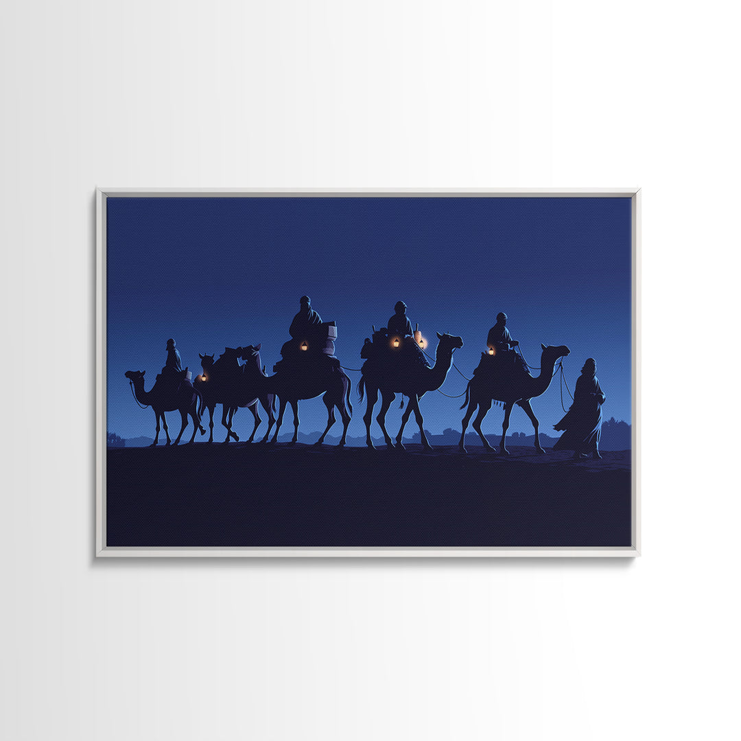 Midnight Camel Riders With Glowing Lanterns Canvas Print, African Safari Art, Blue Wall Decor, Moroccan Travel Gift For Home Decor