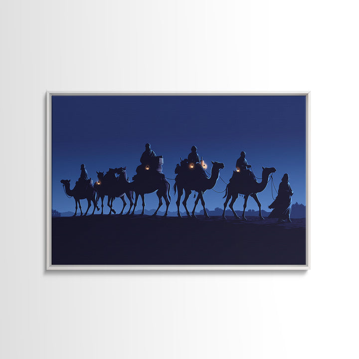 Midnight Camel Riders With Glowing Lanterns Canvas Print, African Safari Art, Blue Wall Decor, Moroccan Travel Gift For Home Decor