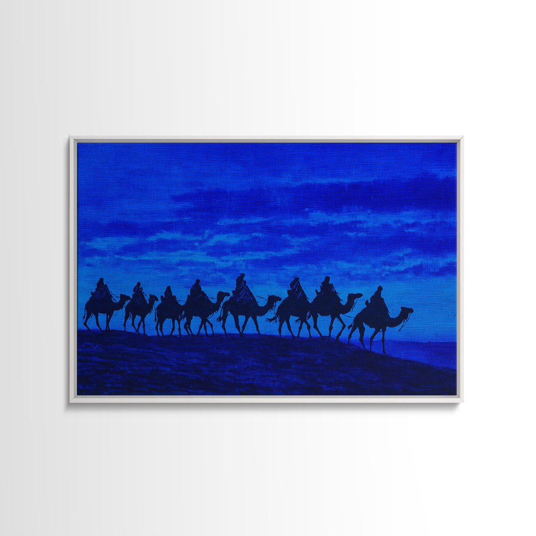Textured Blue Camel Caravan On Ridge Wall Art, African Landscape Painting, Safari Decor, Boho Bedroom Wall Decor, Unique Home Decor