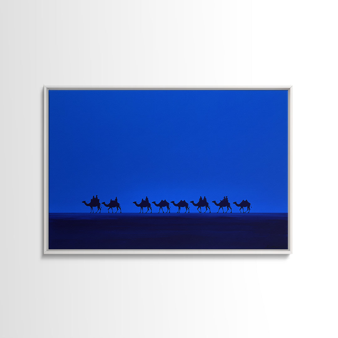 Minimalist Blue Desert Camel Caravan Canvas Print, African Safari Art, Modern Wall Decor, Large Living Room Artwork, Blue Home Decor