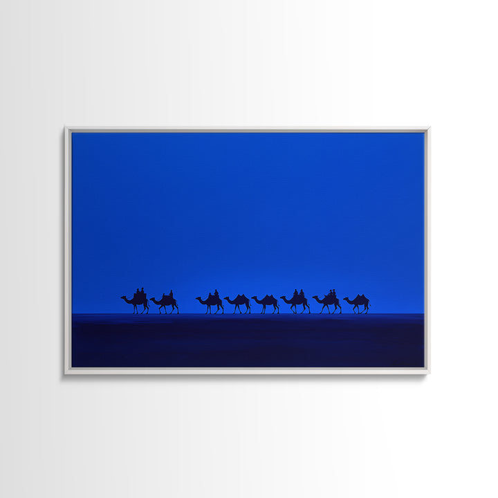 Minimalist Blue Desert Camel Caravan Canvas Print, African Safari Art, Modern Wall Decor, Large Living Room Artwork, Blue Home Decor